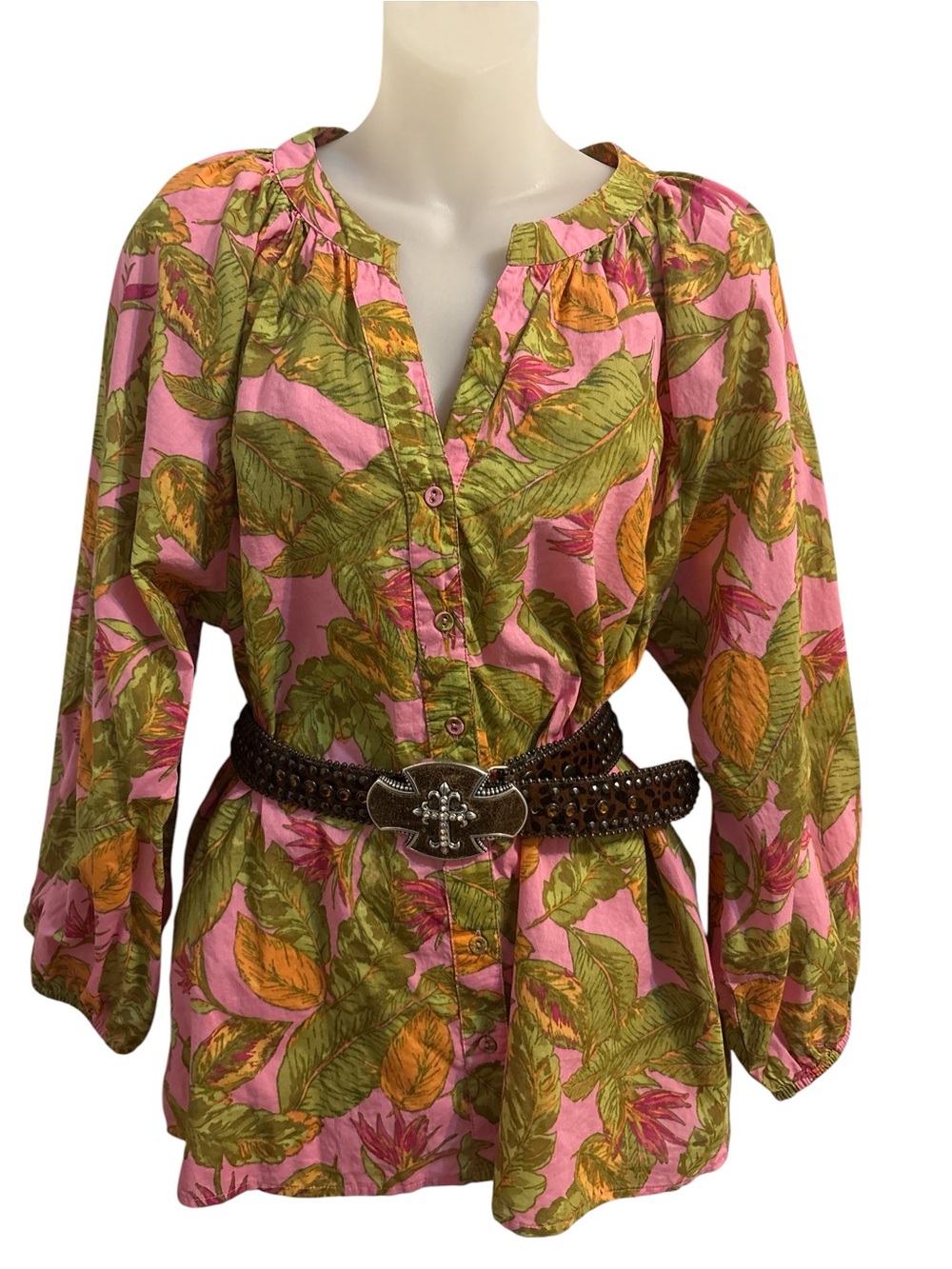 Tracy Evans Pink Tropical Leaf Button-Down Blouse Large